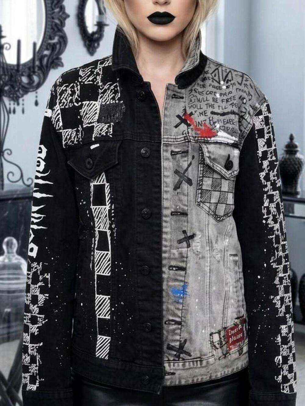 Custom split-tone punk gothic denim jacket with raw graphics and checker detail.